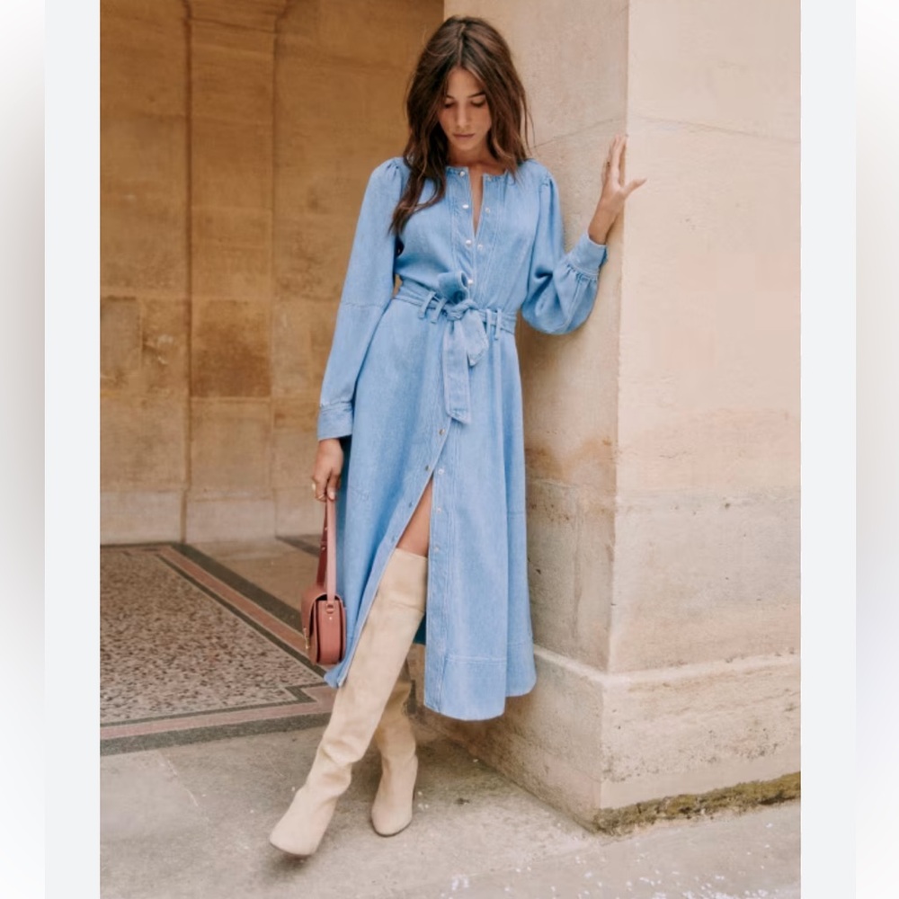NWT Sézane Caterina Belted Midi Dress in Bleach Light Denim - US 6 / UK 10